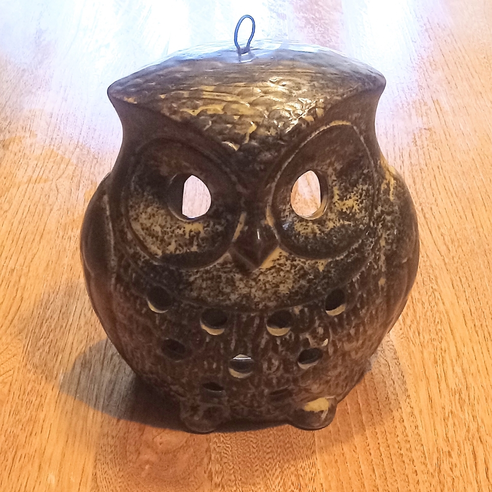 FINAL PRICE!!! VTG Ceramic Owl Votive Hanging Candle Holder MCM? Brown Large